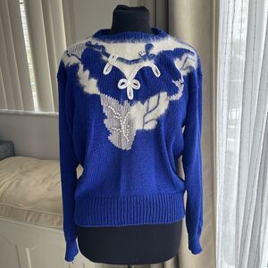 Angenie 80s VTG Blue Knit Sweater White Angora Pearls Crochet Embroidered L